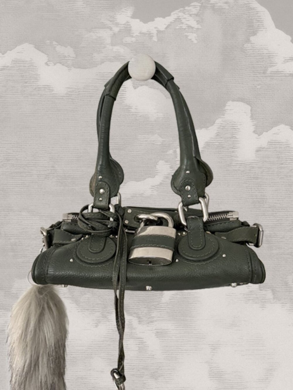 CHLOE Paddington Bag Small Green Silver Satchel Tote Phoebe Philo Y2K Padlock